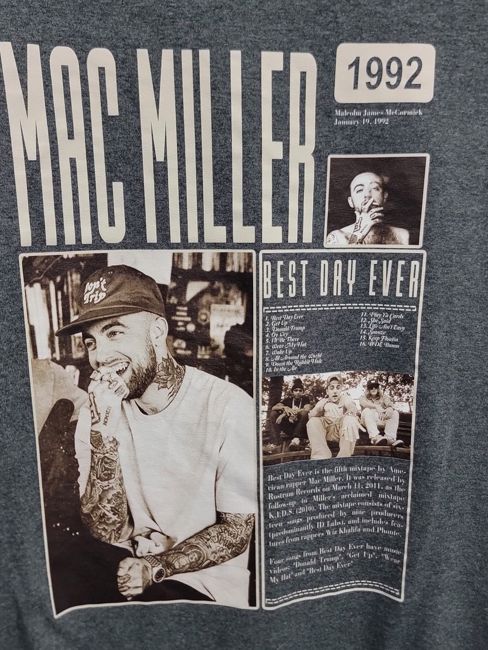 Mac Miller 1992 Best Day Ever Heather Grey Short Sleeve T-Shirt - Size Large